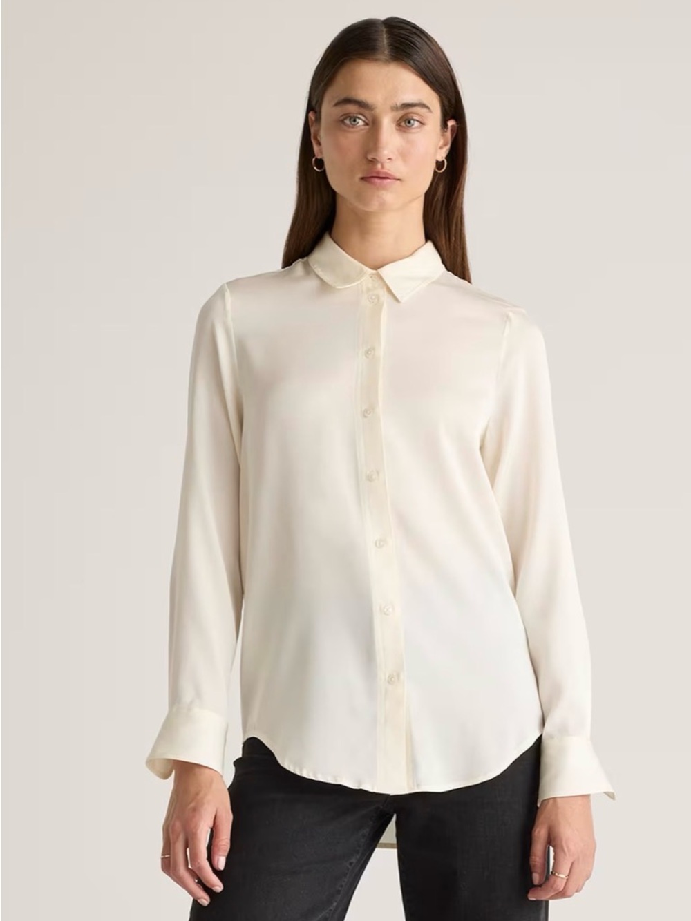 Quince Washable Stretch Silk Long Sleeve Blouse Ivory XL